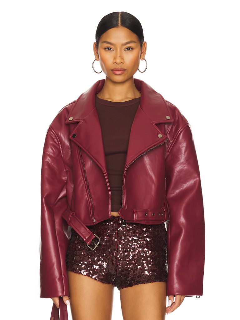 New Lioness Staten Island Jacket In Mulberry Red Vegan Leather Moto Crop Bomber